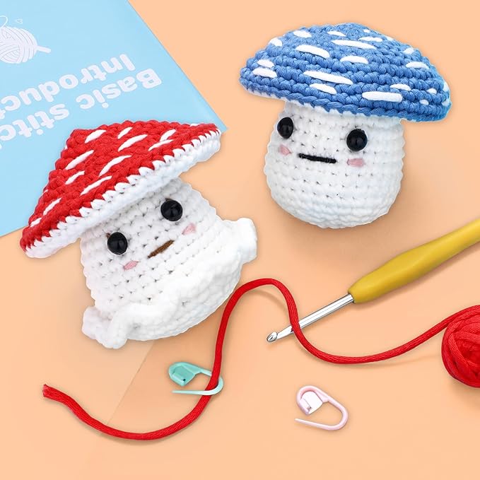 Crochet Kit for Beginners: 2 PCS Red & Blue Mushroom Starter Crochet Kits with Step-by-Step Video Tutorials and Yarns, Hook, Accessories, DIY Craft Gift for Adults and Teen(30%+ Yarn)