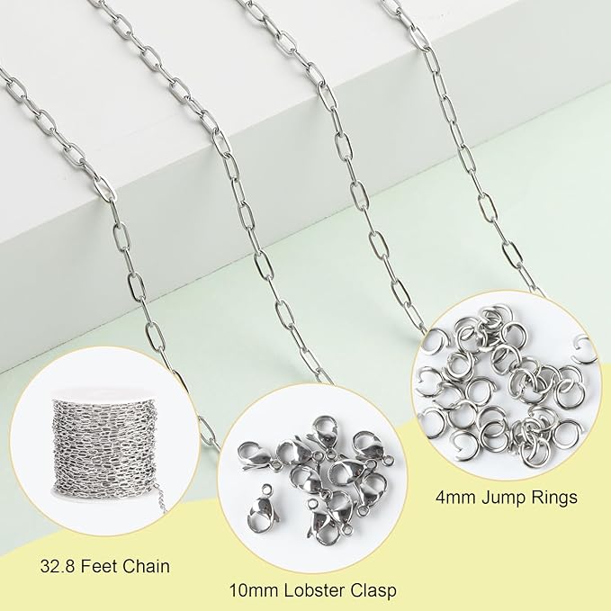 SMYHTGLIF 32.8 Feet Silver Cable Paperclip Jewelry Making Chains Stainless Steel Necklace Bracelet Chain with Lobster Clasps and Open Jump Rings for Jewelry Making