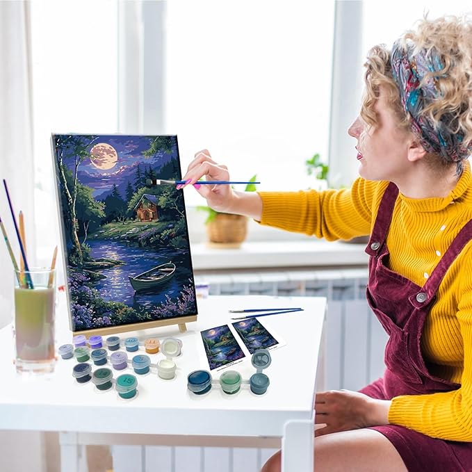 JOOZ Landscape Paint by Numbers Kit for Adults Beginner with Easel Cabin at Night Paint by Number on Canvas with Frame DIY Acrylic Painting for Ideal Gift Home Wall Decor 7.87x11.81 Inch