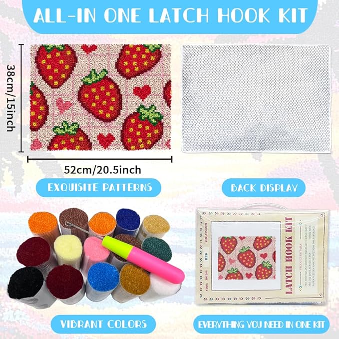 ORIGACH Strawberry Latch Hook Rug Kit for Adults Printed Rug Making Kit Handmade Carpet Tapestry Cover with Hook Latch and Preprinted Canvas, Home Arts Crafts Sofa Decor, 20.5x15inch