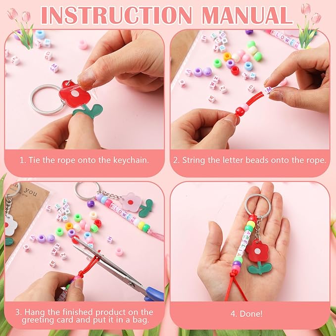 Suncalla 984 Pcs 24 Set Teacher Appreciation Gifts Keychain Making Kit DIY Cute Flower Charm Beads Key Chain Crafts Thank You for Helping Me Grow Adjustable Letter Cards Strings Kit Teacher Day Gift