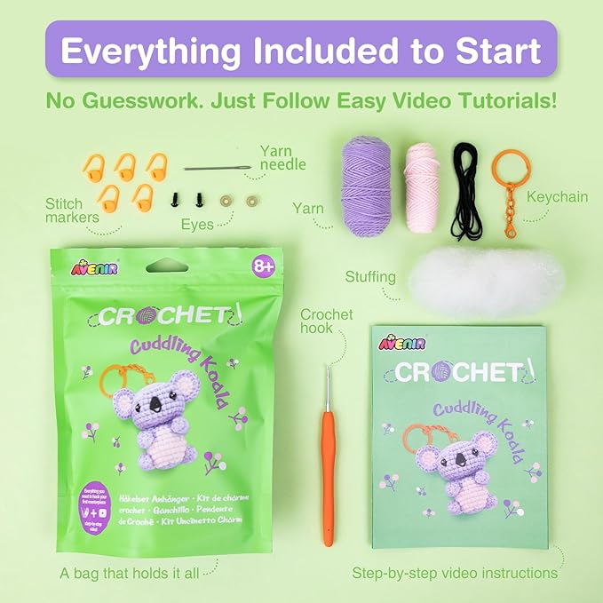 Avenir Beginner Crochet Kit for Adults & Teens - Small Portable Animals Kit with Keychain, Complete Supplies & Video Tutorials, Perfect Arts & Crafts Gift for Women & Girls (Cuddling Koala)