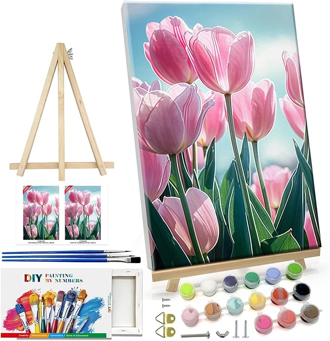 ATDMS Paint by Numbers Kit for Adults with Frame DIY Flowers Paint by Number with Easel Tulips Acrylic Oil Painting Kits for Wall Hanging Home Room Decor 7.87x11.81 Inch