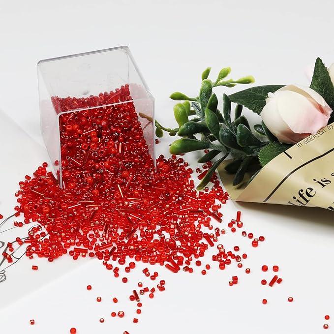 100g Mix Tube Beads Bugle Beads,3800+pcs Glass Bulk Spacer Multi Size 2-6mm Kit for Jewelry Making DIY Craft Bracelets Necklace Earring Making (Red Mixed)
