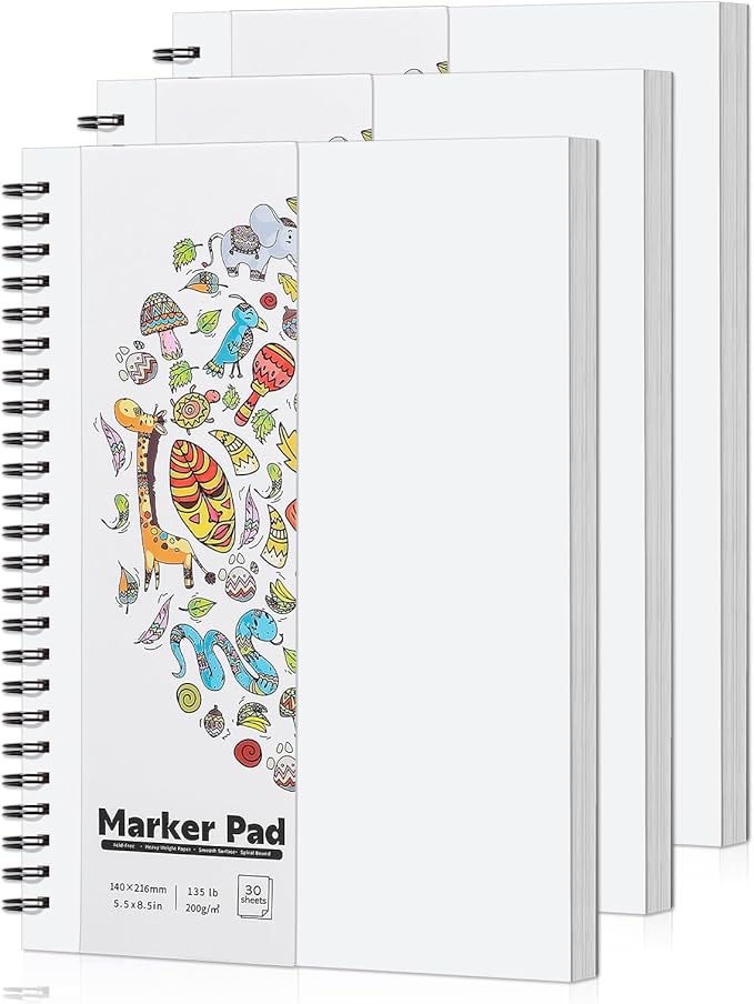 3 Pack Marker Paper Pad, 5.5×8.5in Double Sided Bleedproof Sketch Pad, 135lb/200gsm Art Spiral Sketchbook, Smooth Painting Coloring Alcohol Marker Paper for DIY, Ideal Gifts