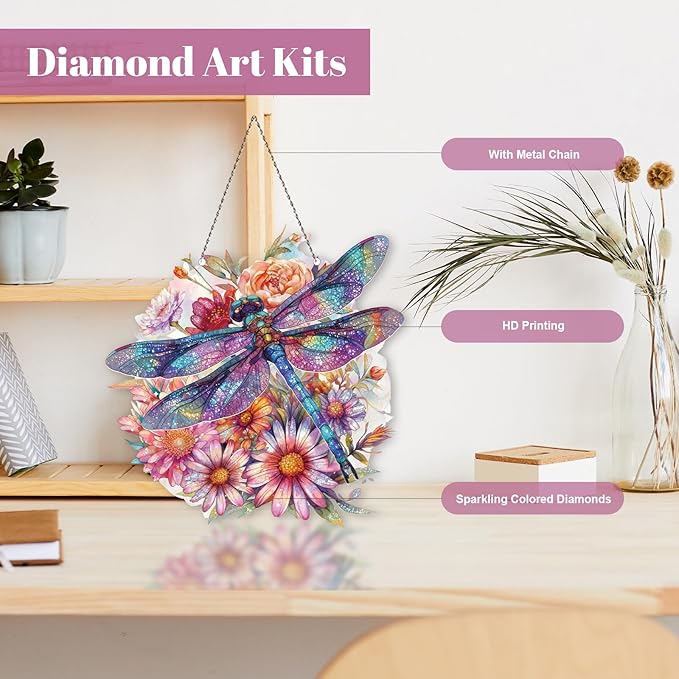 Roneenz Diamond Painting Kits Hanging Pendant, Floral Dragonfly Hanging Diamonds Art kit for Adults, Special Shaped DIY 5D Art Window Decor, Home Garden Room Decor Gifts for Women and Girls