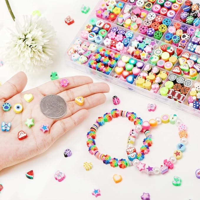 500 Pieces Polymer Clay Beads for DIY Jewelry Making, 24 Style Cute Clay Bead Animal Beads Flower Football Sports Beads Charms for Bracelets Necklace Crafts Kits for Adults Women