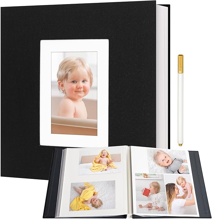 Vienrose Photo Album Self Adhesive for 2x3 4x6 5x7 8x10 Pictures DIY Scrapbook 60 Blank Pages Linen Cover Memory Book for Wedding, Baby Growth, Travel, Black