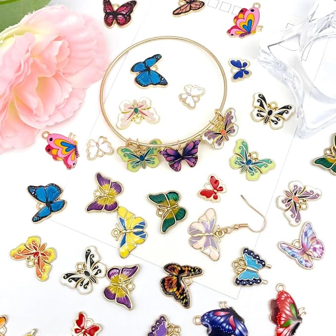 WOCRAFT 120pc Assorted Enamel Bracelet Butterfly Charms for Jewelry Making Crafts DIY Necklace Bracelet Keychain Crafting Charms Kit (SN805)