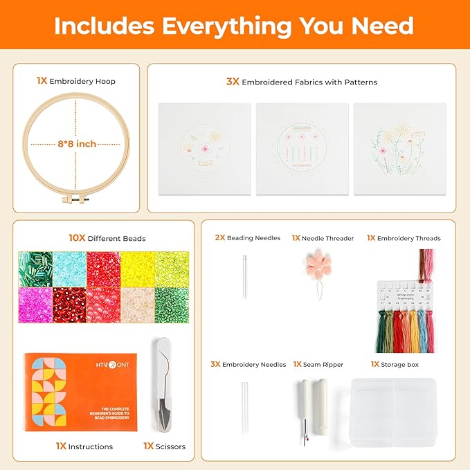 HTVRONT Sparkling Bead Embroidery Kit for Beginners- 3 Sets Flower Embroidery Kits with Step by Step Stitch Video & Instructions, Starter Embroidery with 12 Stitches for Christmas Gifts for Woman
