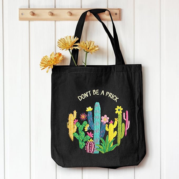Louise Maelys Cactus Embroidery Kit Canvas Tote Bag for Beginners,Cross Stitch Kits for Adults,DIY Funny Plant Flowers Pattern,Women Shopping Reusable Grocery Bags