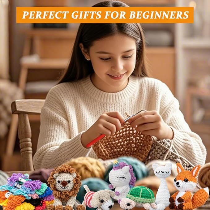 Crochet Kit for Beginners – 6 PCS Crochet Animal Kit, Knitting Beginners Kit with Step by Step Videos, Yarn, Crochet Hook, Great Birthday Holiday Gift (Knitting Kit 1)