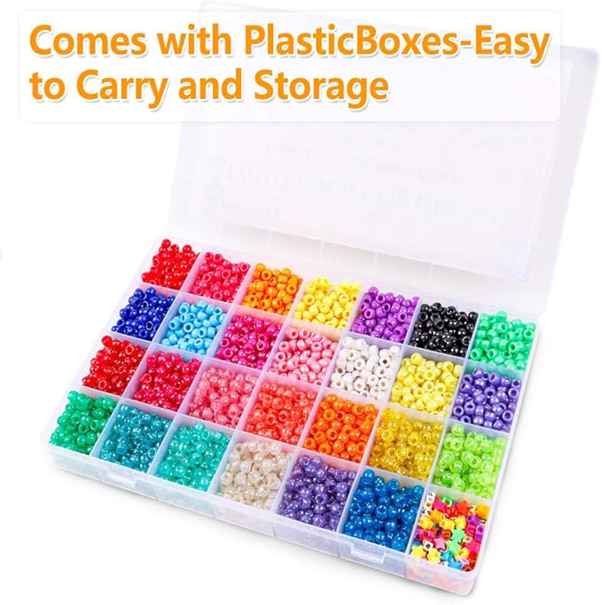 INSCRAFT Pony Beads Set - 4,600 pcs 9mm Pony, Letter & Star Beads in 27 Colors with Elastic String for Bracelet Jewelry Making