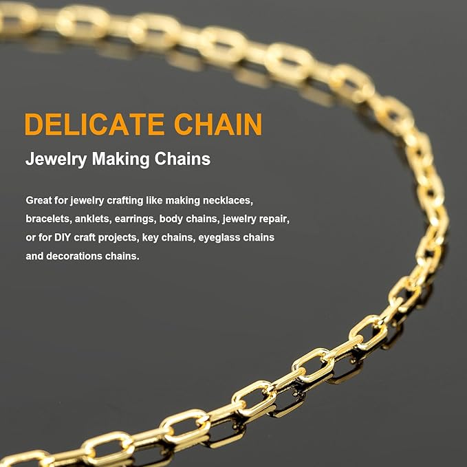 KYUNHOO 32.8 Feet Small Paperclip Chain Spool Light Gold Plated Chain Bulk Soldered Cable Link Craft Chain for Necklace Bracelet Ankle Jewelry Making with Jewelry Clasps