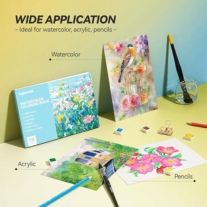 Lightwish Watercolor Coloring Book for Adults & Beginners, 100% Cotton 300gsm/140lb Acid-Free Hot Press Paper, 8.3 x 5.6 Inches, 15 Sheets, Floral-Themed