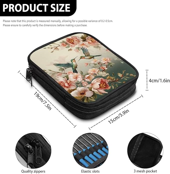 Hechitok Hummingbird Floral Hook Case, Organizer Zipper Bag with Web Pockets for Various Crochet Needles and Knitting Accessories Easy to Carry
