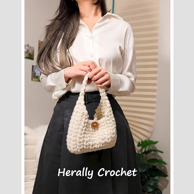 Herally Crochet Kit DIY for Beginners - Include Yarn, Hook and Accessory - with Step by Step Video Tutorials - Wheateat Hobo Bag (Beige)