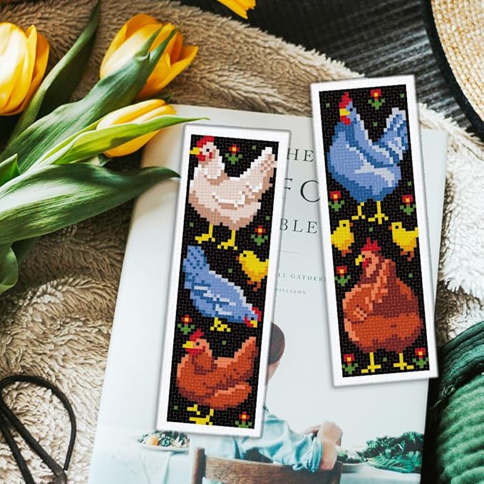 ORIGACH 6 Set Chicken Cross Stitch Bookmark Kit for Beginner with Backing Felt Floss Instructions DIY Stamped Embroidery Bookmark Kit for Adults, Book Lovers