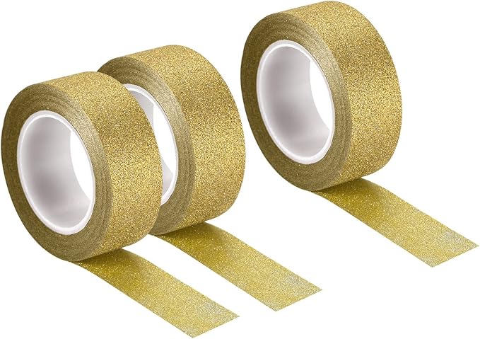 MECCANIXITY 0.6inch x 32.8ft Glitter Tape, Decorative Craft Tape Self Adhesive Stick 1.5cmx10m Gold Tone for Scrapbook, DIY Arts, Gift Wrapping Pack of 3