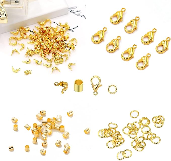700pcs Jewelry Making Accessories Set with 100 Lobster Claw Clasp 200 Bead Tips Knot Covers 200 Crimp Tube Beads and 200 Open Jump Ring Connectors for DIY Jewelry Bracelets Necklaces（Gold）