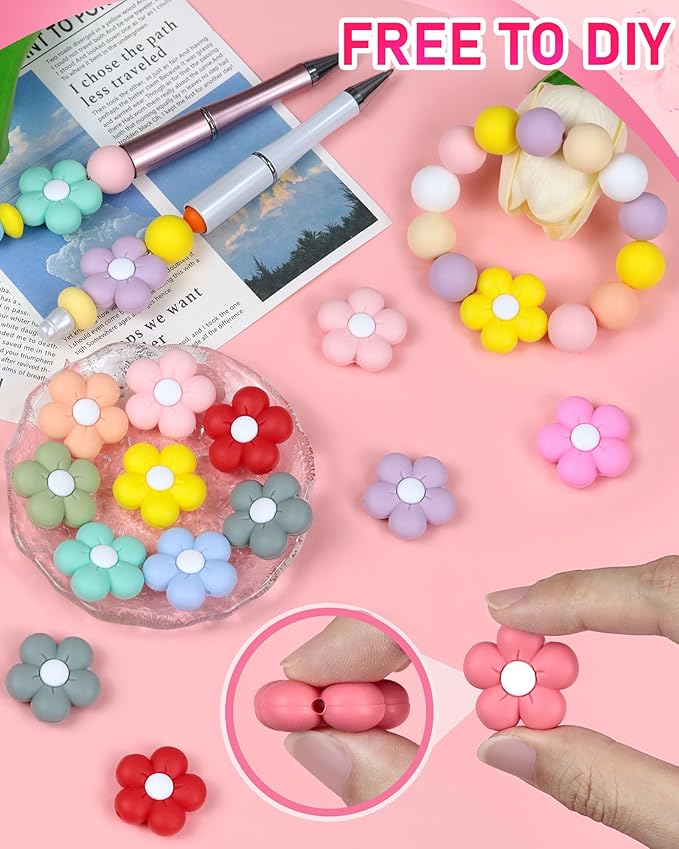 24PCS FIVEIZERO Silicone Focal Beads,Flower and Cute Charms for DIY Keychains, Pens, Bracelets, Necklaces, Lanyards, Beaded Pens, and Crafting Supplies,Ideal for Keychain Making and Creative Designs