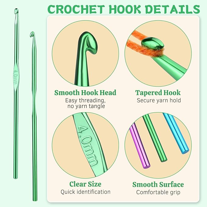 UzecPk 12Pcs 4mm Aluminum Crochet Hooks, Ergonomic Handle Crochet Needle, Crochet Hooks Bulk Set for Beginners Adults