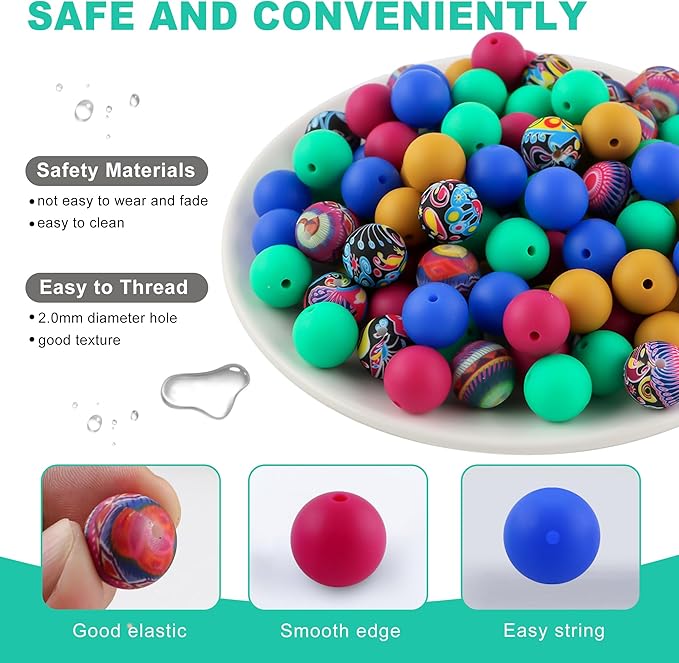 150Pcs Mixed Color 15mm Silicone Beads for Keychain Making, Mustard Blue Magenta Print Silicone Beads for Pens and Bracelet Jewelry Making