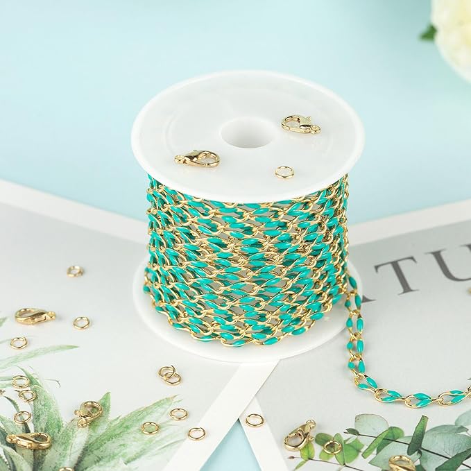 YOUBEIYEE 6.6 Feet Gold Plated Brass Chain on Spool Green Enamel Cable Chain Necklace DIY Jewelry Chains Bulk with Jump Rings and Lobster Clasps