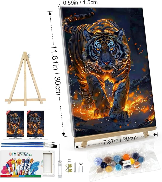 ATDMS Paint by Numbers Kit for Adults with Frame Tiger Paint by Number with Easel DIY Tiger Adult Paint by Number Kits Paint by Number Canvas for Gift Home Wall Decor 8x12 Inch
