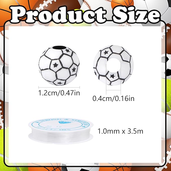 100pcs Soccer Beads with 5.5 Yard Elastic Rope,Acrylic Sports Beads DIY Spacer Bead for Necklace Bracelet Keychains Handmade Jewelry Making Accessories Craft Supplies,12mm(Soccer)