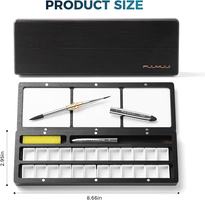 Fuumuui Watercolor Palette Box, Black Wood Palette Kit with Cover, 24 Empty Removable Half-pan Grids, Dual Tip Travel Brushes, for Watercolor Gouache Color Mixing, Pure White Palette