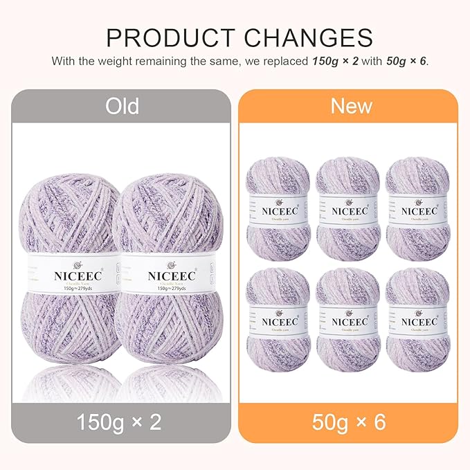 NICEEC 2 Skeins Soft Chenille Yarn Blanket Yarn for Knitting Fancy Yarn for Crochet Weaving DIY Craft Total Length 2×255m (2×279yds, 2×150g)_Foggy Purple