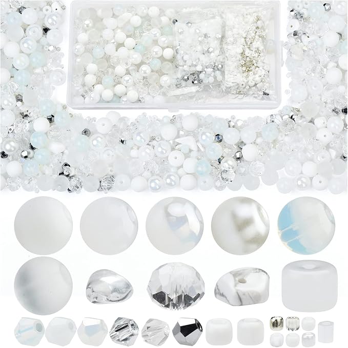 Rired 27 900pcs Snow White Beads for Jewelry Making, 12 Types Assorted Bead in One Box, Including Round/Glass Pony Beads/Rondelle/Rock/Bicone and Seed Bead