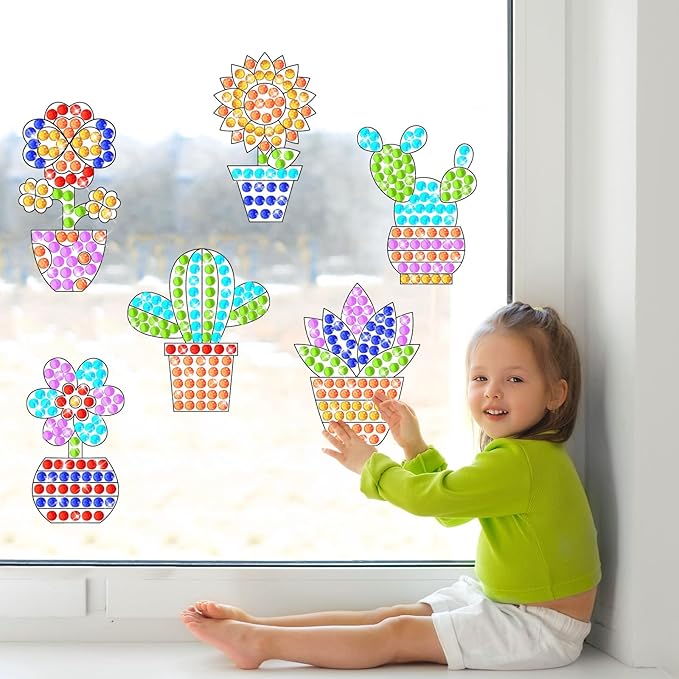 Qyeahkj 6 Pcs Spring Arts Crafts DIY Flower Potted Gem Diamond Suncatcher Craft Plant Diamond Painting Gifts Exchange Home Activity Game Party Decor