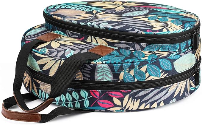 Shinyzone Cross Stitch Storage Bag with Leaf Print, Embroidery Projects Organiser, Sewing Crafts Storage Tote with Zipper Pockets for Embroidery Hoops, Charts and Threads