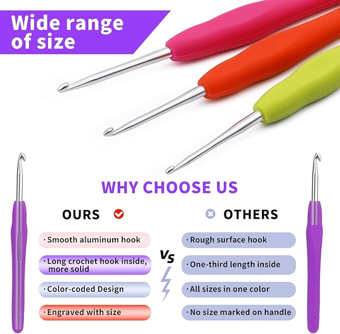 Iuuidu 3PCS Crochet Hooks, Ergonomic Handle Crochet Hooks for Arthritic Hands 3Size, Extra Long Crochet Needles for Beginners, Comfortable Smooth Knitting Needles for Handmade DIY Multicolor