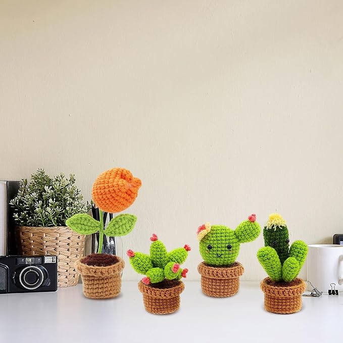 HunnmingRe 12 Pcs Christmas Crochet Gift Kit for Beginner, Mini Potted Succulent Plants DIY Craft Kit for Starters with Video Tutorials Classroom Craft for Adults Birthday Xmas Decoration