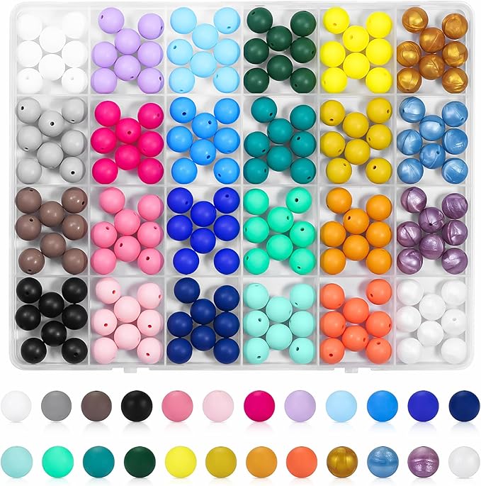 192pcs silicone beads 15mm for keychain making kit, 24 colors focal rubber beads neatly organized, round colorful bead, bulk for pens, diy, necklace, bracelet making kit, jewelry, art crafts