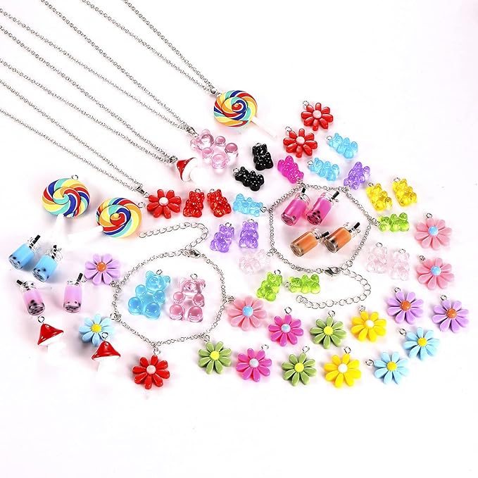 HSWE 263 PCS Charm Bracelet Making Kit,Colorful Gummy Candy Bear Milk Tea Lollipop Flower Pendant Charms Cute Funny Mushroom Earring Necklace DIY Jewelry Craft Making for Women