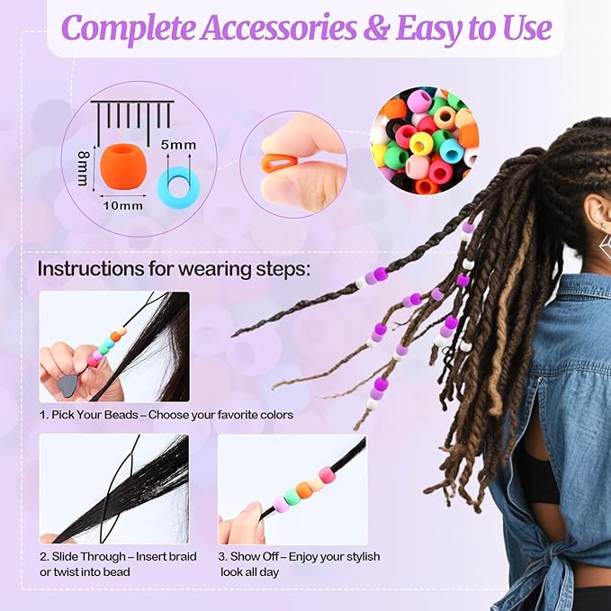 AD Beads 216PCS 6x9mm Soft Pony Silicone Beads for Hair, Purple Series with 80 Elastic Bands, Tool and Storage Box Kit for Braids, Bracelet, Crafts.