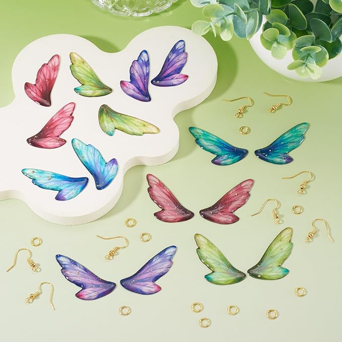 FASHEWELRY 16Pcs Resin Butterfly Wing Charms Colorful Feather Earring Charms Transparent Insect Wings Pendants with Jump Rings Earrings Hooks for DIY Earring Jewelry Making Kits