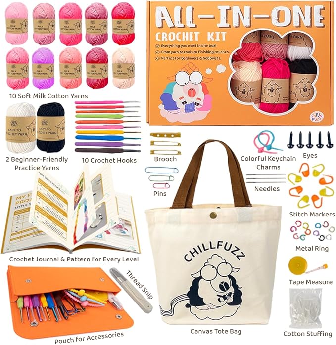 ChillFuzz Crochet Kit for Beginners 85 Piece Complete Crochet Set with Yarn, Hooks, Pattern Book – Beginner Crochet Kit for Adults & Kids with Tutorials, Christmas Gift for Craft Lovers Pink Purple