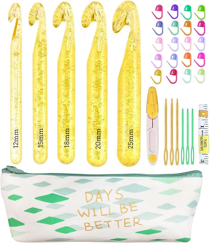 Weabetfu 5 Large Crochet Hook,25mm 20mm 18mm 15mm 12mm Size Crochet Hooks, Large Crochet Hooks for Chunky Yarn,24PCS Big Crochet Needles,10mm-25mm Crochet Hook with Case(Yellow)