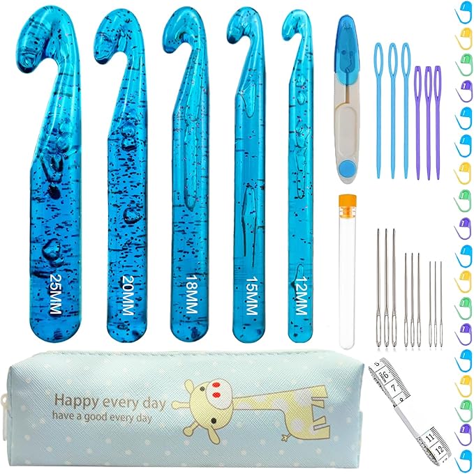 43 Pcs Large Crochet Hooks Set,12mm 15mm 18mm 20mm 25mm Large Crochet Hooks for Chunky Yarn,Plastic Crystal Smooth Big Crochet Needles for Handmade DIY Crochet with Storage Bag