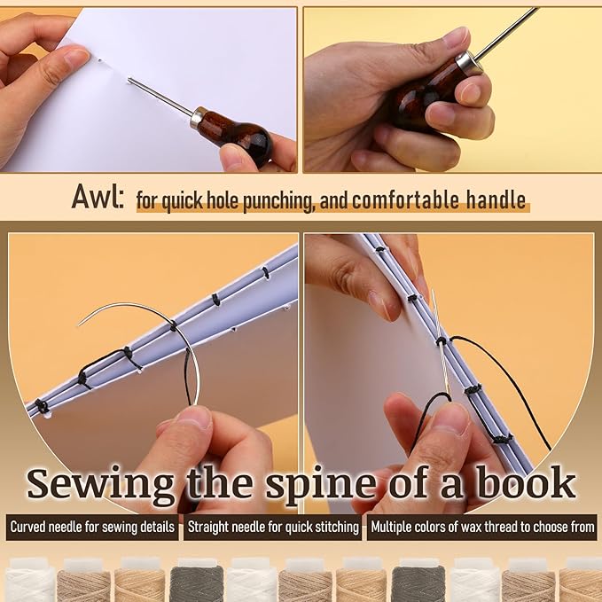 33 Pcs Book Binding Kits 4 Pcs Bone Folder Paper Creaser Paper Folding Tool Book Binding Supplies with Bookbinding Needle, Waxed Thread, Steel Ruler, Awl for Bookbinding, Paper Card Crafts