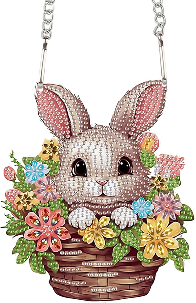 AiYuanzsh Rabbit Flower Basket Diamond Painting Hanging Kit, 5D DIY Acrylic Special Shaped Diamond Art Pendant Ornament with Chain for Wall, Door, or Garden Decor, Easter Diamond Art Kit for Adults