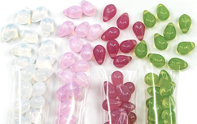 120+ Bead Kit of 6x9mm Pendant Drop Beads - Teardrop Glass Beads for Jewelry Making Set in 4 Opal Colors: White, Pink, Dark Pink, Grass Green