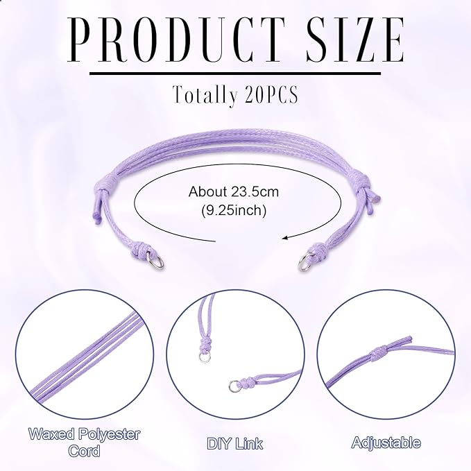 KISSITTY 20pcs Adjustable Bracelet Cords for Connector Charms Waxed Polyester Thread Cord Purple Color Half Finished Bracelet for Friendship Bracelets Jewelry Making