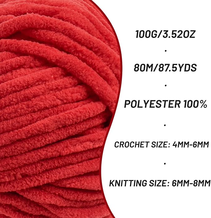 3 Pack Fluffy Chenille Yarn for Crocheting, Chunky Velvet Yarns for Crochet Amigurumi, Baby Yarn for Crocheting Soft Blanket, 262.4yds /10.5 oz Bulky Yarns for Crafts/Hats/Shoes/Socks (3 Red)
