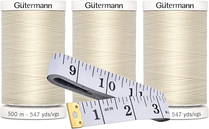 Gutermann Sew-All Thread (500m/547yd Each), 3-Pack Bundle with Bella's Crafts Soft Tape Measure (Eggshell - 22)